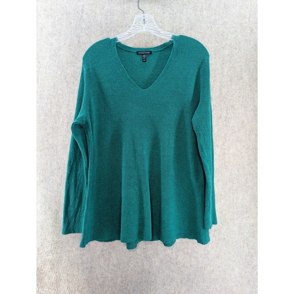 EILEEN FISHER V Neck Long Sleeve Knit Sweater Top M Green Linen Blend